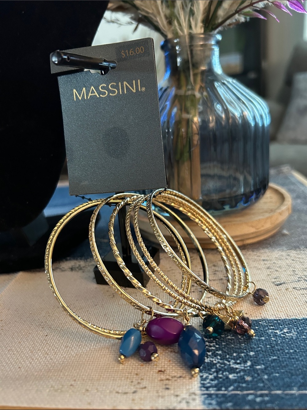 Massini Gold-Tone Stacked Bangle Bracelet Set with Purple & Blue Bead Charms